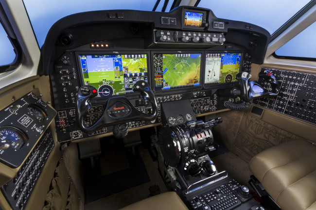 Photography of the Beechcraft King Air 350 cockpit with the Rockwell Collins Pro Line Fusion integrated flight deck. Beechcraft Delivery Hangar (BEC) Wichita, KS USA